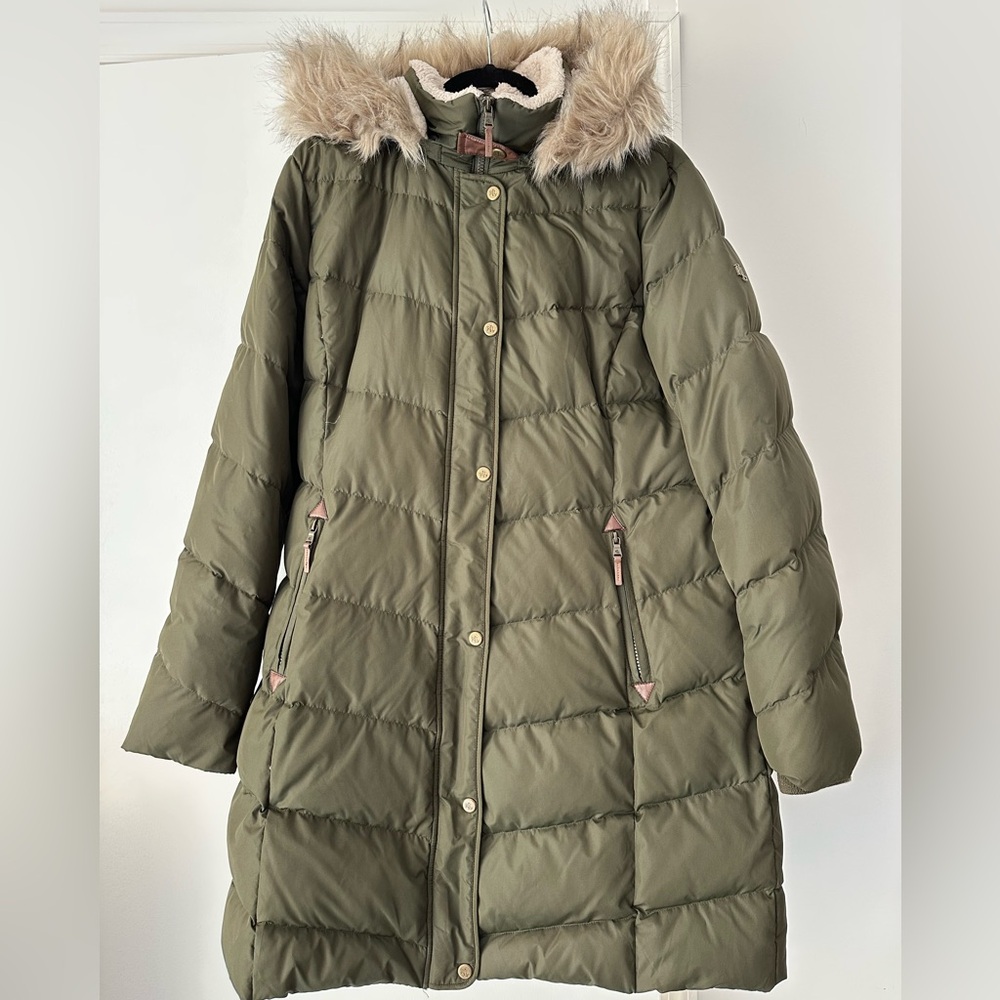 Ralph Lauren Olive Puffer Down Coat with Faux Fur Hood